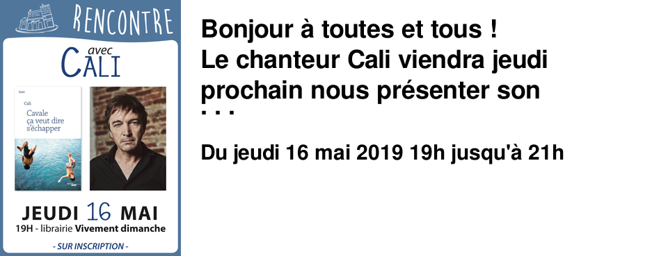 Bonjour � toutes et tous ! Le chanteur Cali viendra jeudi prochain nous pr�senter son deuxi�me roman, Cavale �a veut dire s'�chapper �ditionsCherche Midi Son premier livre sorti l'ann�e derni�re, Seuls les enfants savent aimer, nous pr�sentait la vie de Bruno, un petit gar�on qui perd sa m�re � l'�ge de 6 ans. Cette nouvelle histoire nous permet de retrouver Bruno, cette fois en pleine adolescence. Il va d�couvrir les limites de l'amiti�, les vertiges de l'amour, et la lib�ration salvatrice que peut procurer la musique. Un livre intimiste et tr�s personnel !