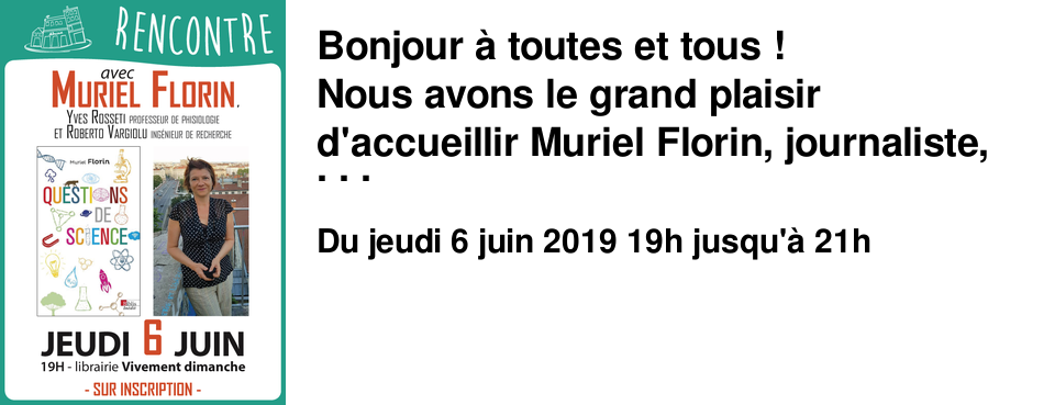 Bonjour � toutes et tous ! Nous avons le grand plaisir d'accueillir Muriel Florin, journaliste, qui anime entre autres la page Science pour tous du journal Le Progr�s. Sp�cialis�e dans les sujets li�s � l'�ducation, sa curiosit� naturelle l'a pouss�e � entrer en contact avec pr�s de 80 chercheurs afin de r�pondre aux multiples questions, parfois faussement na�ves ou un peu absurdes, qu'elle se pose. Elle sera accompagn�e par deux scientifiques : Yves Rosseti, professeur de physiologie, et Roberto Vargiolu, ing�nieur de recherche. Ils vous parleront de leur m�tier, de leur travail de vulgarisation, de la science en g�n�ral, et vous pourrez bien �videmment leur poser toutes sortes de questions !