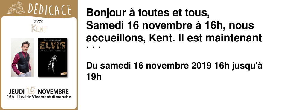 Bonjour � toutes et tous, Samedi 16 novembre � 16h, nous accueillons, Kent. Il est maintenant un habitu� de la librairie ! Apr�s nous avoir initi� aux secrets de fabrication d'une chanson (Dans la t�te d'un chanteur, �d Castor Astral), il nous a embarqu� l'an dernier dans un roman, Peine perdue (�d Le dilettante), qui nous faisait aimer la m�lancolie et fuir le cynisme. Il revient cette ann�e avec une Bande dessin�e qu'il a magnifiquement illustr�, Elvis, ombre et lumi�re, aux �ditions Delcourt/Seuil. De Starshooter � Elvis, cet homme sait d�cid�ment tout faire : du rock, des ballades ; il compose, il chante, il joue, il �crit et dessine depuis toujours. Venez rencontrer ce natif et amoureux de la Croix-Rousse, nous nous sommes laiss�s dire qu'il viendrait d�dicacer avec un crayon et... sa guitare ! Prolongation musicale � pr�voir donc.
