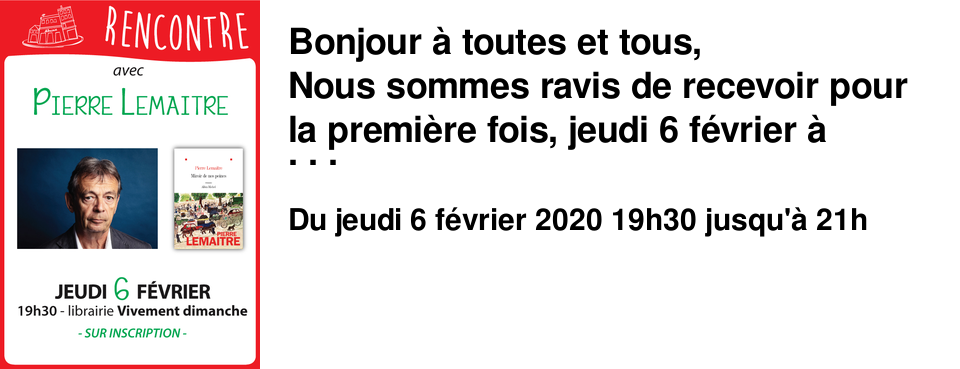 Bonjour � toutes et tous, Nous sommes ravis de recevoir pour la premi�re fois, jeudi 6 f�vrier � 19h30, Pierre Lemaitre, � l'occasion de la sortie de son dernier opus Miroir de nos peines ([�d Albin Michel]). De Alex � Au revoir l�-haut (Prix Goncourt 2013) nous avons toujours lu et aim� ses livres. Il �tait chez Augustin Trapenard, le 17 janvier dernier, il sera � la croix-rousse bient�t ! Venez nombreux !